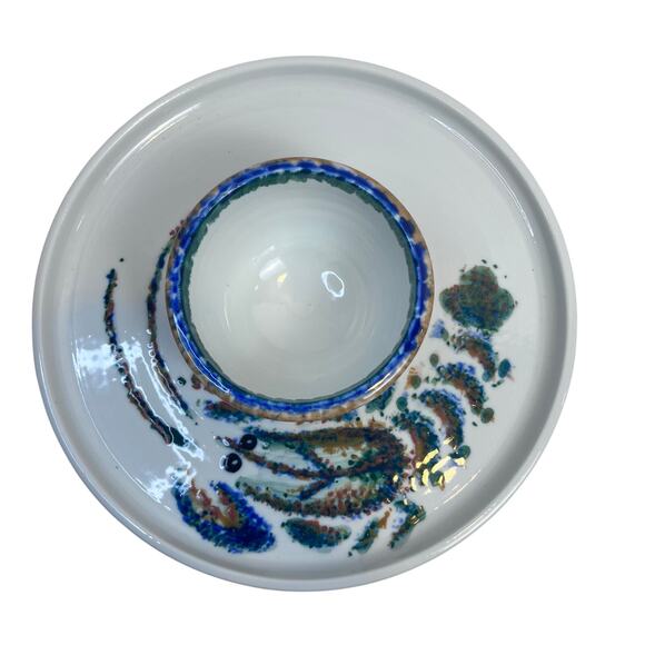 Handcrafted Stoneware Chip and Dip Dish Lobster Crayfish Hand-painted‎ 10" - Picture 2 of 4